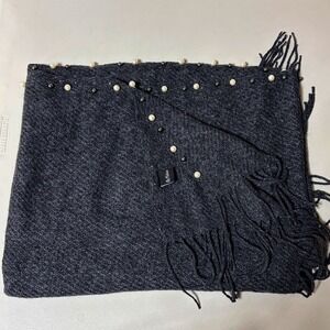 Odiva Scarf OS Charcoal Gray Pearl Beaded Fringe Knit‎ Shawl Wrap